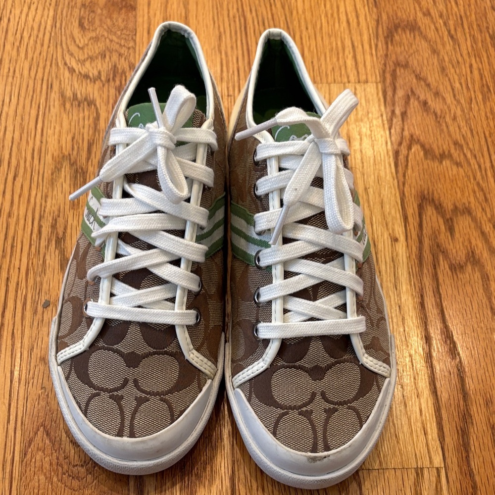 Coach Brown and White Sneakers with Green Accents